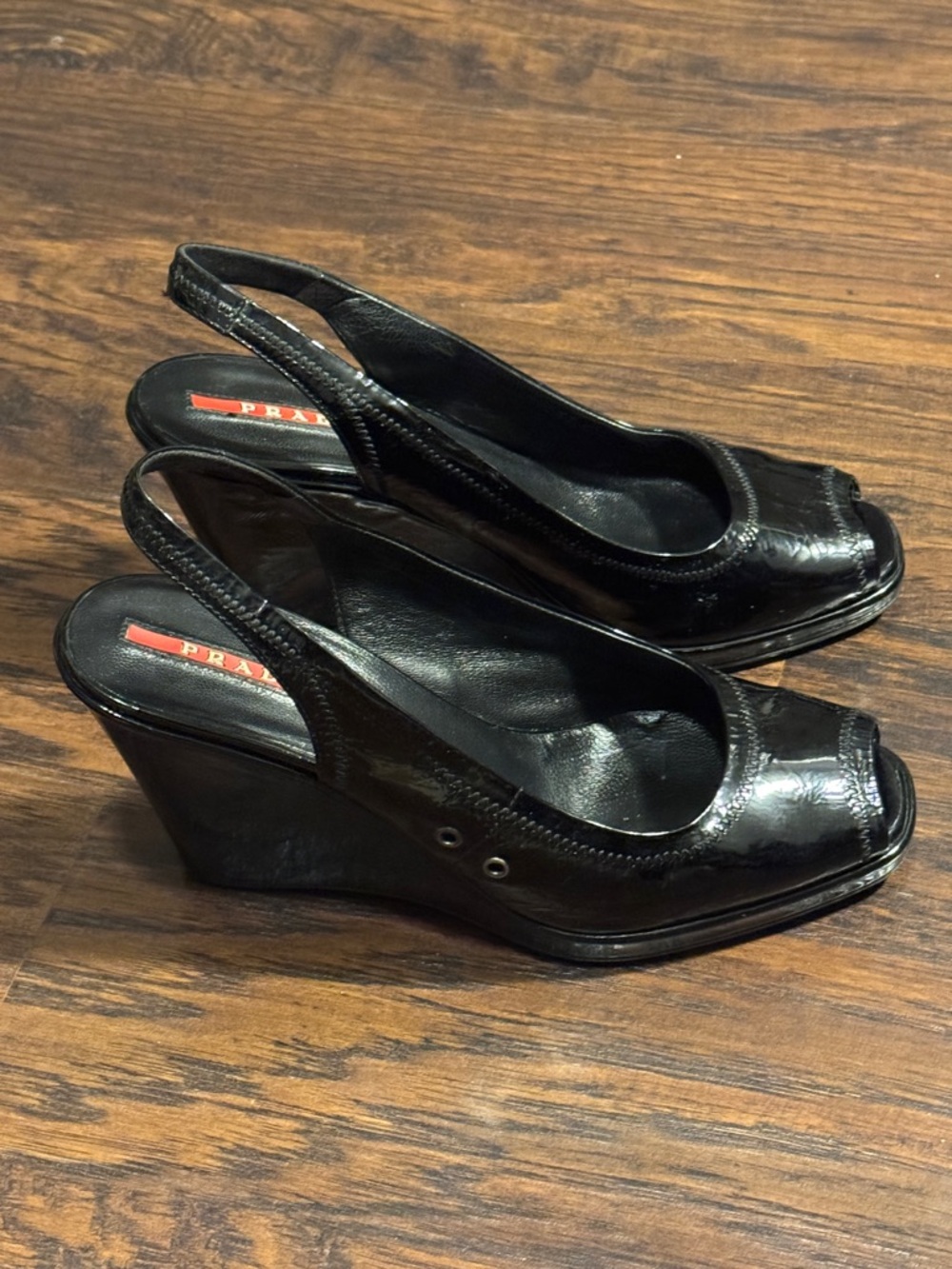 Prada Black Patent Slingback Peep-Toe Wedge Pumps - Picture 5 of 15